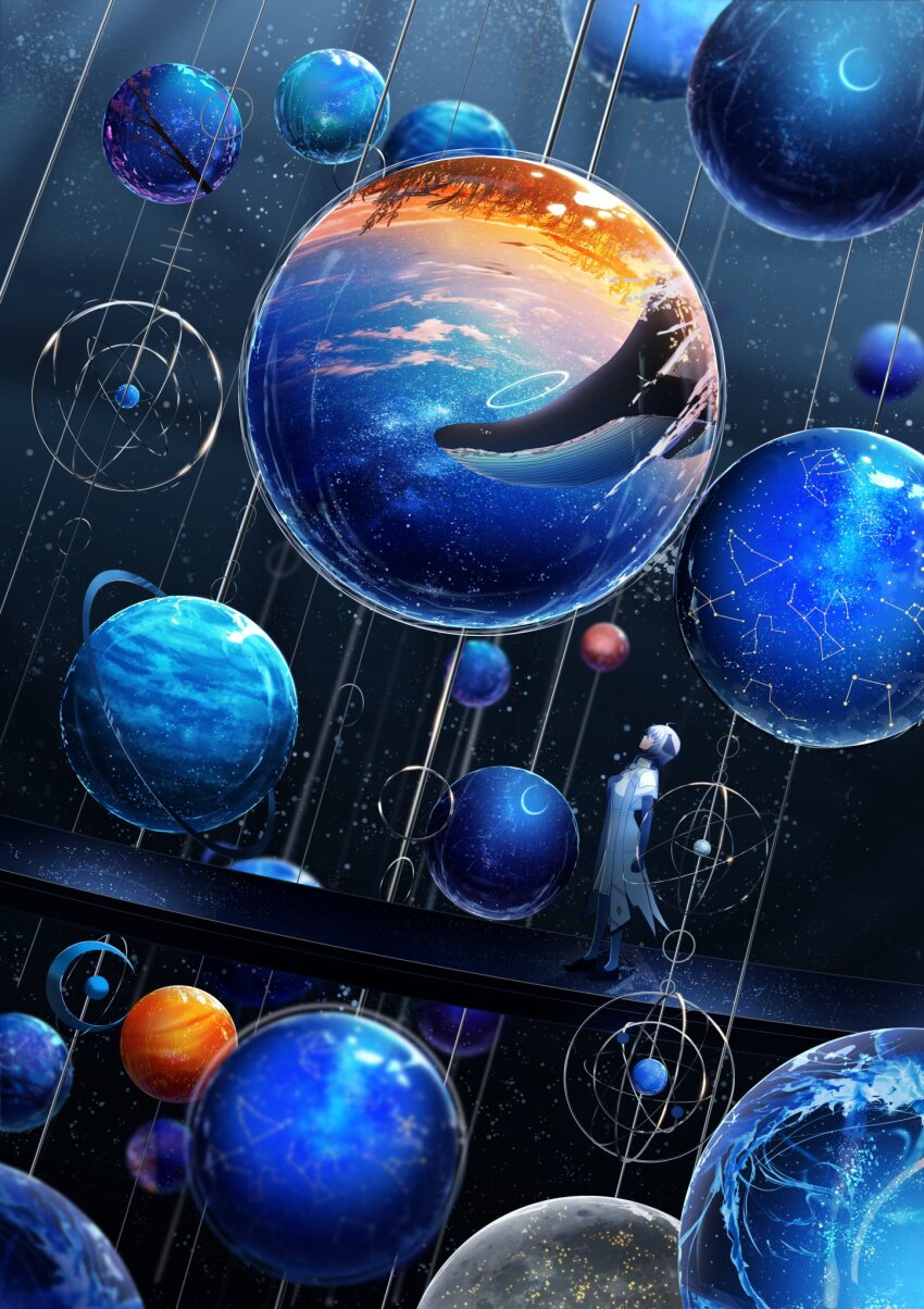 1girl abisswalker8 aquarius_(constellation) big_dipper cancer_(constellation) capricorn_(constellation) cloud constellation crescent floating floating_object gemini_(constellation) hand_on_own_chest highres libra_(constellation) looking_up moon observatory original orion_(constellation) reflection scenery shoes short_hair star_(sky) ursa_minor_(constellation)