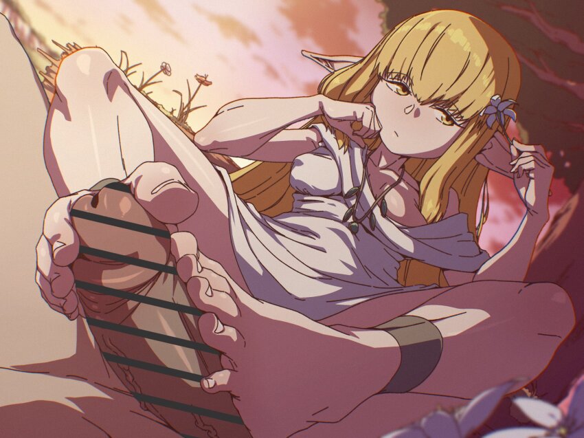 1boy 1girl bad_id bad_twitter_id barefoot blonde_hair cloud commentary dusk dutch_angle elf erection feet flower foot_focus funen_gomi_m gold_anklet highres holding holding_flower jewelry long_hair looking_to_the_side outdoors penis pointy_ears robe serie_(sousou_no_frieren) sitting sousou_no_frieren toes tree white_robe yellow_eyes