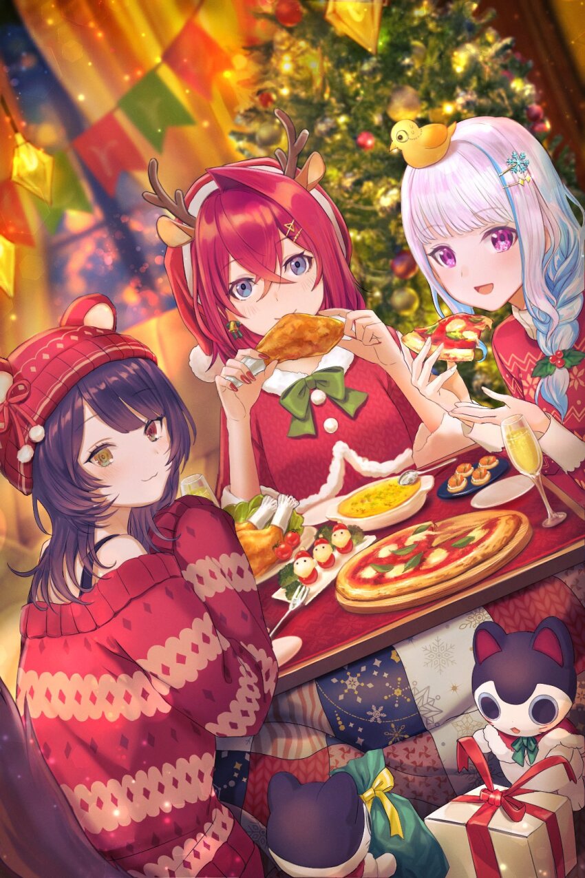 3girls :3 :d alternate_costume ange_katrina animal animal_ears animal_on_head antlers banken_(inui_toko) bare_shoulders beanie bell bell_earrings berry bird bird_on_head blue_eyes blue_hair blurry blurry_background bow bowtie box braid brown_hair brown_tail champagne_flute christmas christmas_sweater christmas_tree cloak closed_mouth commentary_request creature crossed_bangs cup deer_ears depth_of_field dog_tail drinking_glass dutch_angle earrings eating fake_animal_ears fake_antlers food food_request fork fur-trimmed_cloak fur-trimmed_jacket fur_trim gift gift_bag gift_box green_bow green_bowtie hair_between_eyes hair_ornament hairpin hands_up hanging_light hat hat_with_ears heterochromia highres holding holding_food holding_pizza horns indoors inui_toko jacket jewelry kotatsu leaf_hair_ornament light_blush lize_helesta long_bangs long_hair long_sleeves looking_at_viewer looking_to_the_side medium_hair monocle multicolored_hair multiple_girls multiple_hairpins nail_polish nijisanji off-shoulder_sweater off_shoulder on_head open_mouth oyu_(b_47p) pizza plate pom_pom_(clothes) purple_eyes red_cloak red_eyes red_hair red_hat red_jacket red_nails red_sweater reindeer_antlers sanbaka_(nijisanji) santa_hat sebastian_piyodore side_braid sidelocks single_hair_intake sitting smile snowflake_hair_ornament spoon streaked_hair string_of_flags sweatdrop sweater swept_bangs table tail turning_head two-tone_hair under_kotatsu under_table virtual_youtuber white_hair white_sleeve_cuffs white_trim yellow_bird yellow_eyes