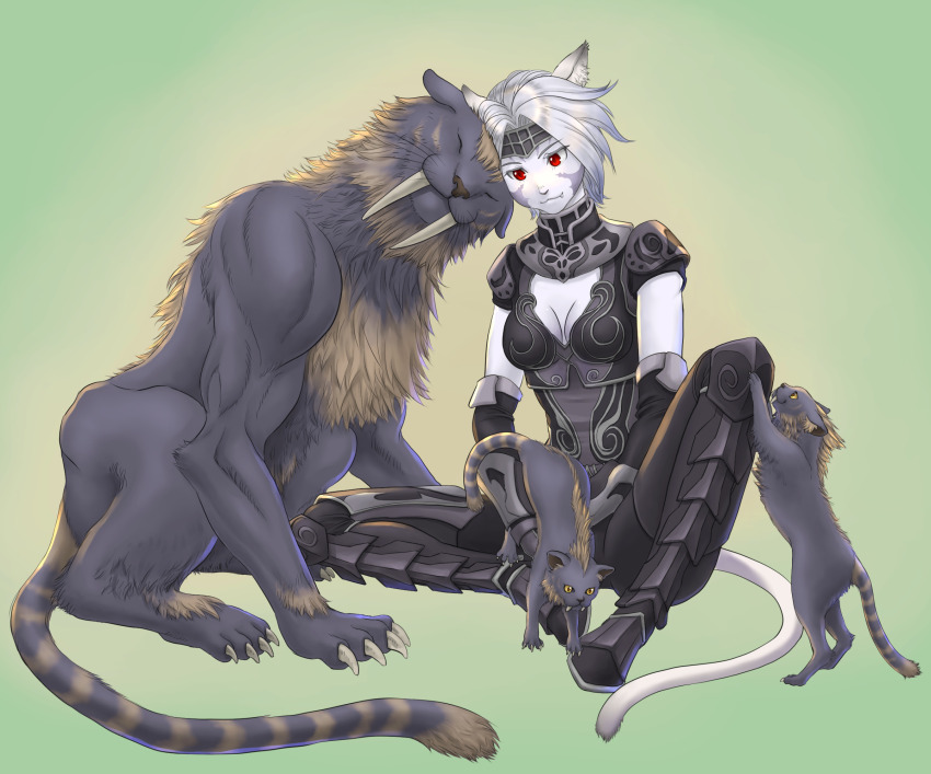 1girl :3 animal_ear_fluff animal_ears ark_angel ark_angel_mr armor black_armor breasts cactus41747280 cat_ears cat_girl cat_tail cleavage closed_mouth colored_skin cub fang fang_out final_fantasy final_fantasy_xi gradient_background grey_hair hair_intakes heads_together highres medium_breasts mithra_(ff11) sabertooth_cat short_hair sitting smile solo tail white_skin white_tail