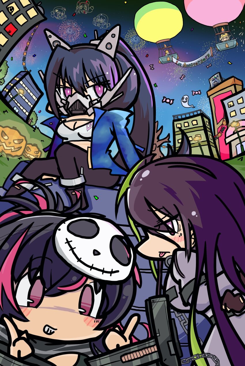3girls bandeau black_hair blue_jacket blush_stickers brown_hair chibi goddess_of_victory:_nikke green_hair grin guilty_(nikke) halloween halloween_costume headgear high-waist_pants high_ponytail highres jacket long_hair mask mo_na_ka mouth_mask multicolored_hair multiple_girls pants pink_hair ponytail purple_hair quency_(nikke) sin_(nikke) skull_mask smile strapless tongue tongue_out two-tone_hair yoga_pants