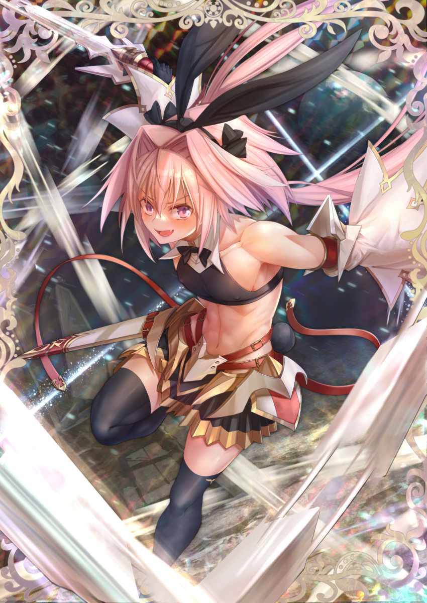1boy abs animal_ears astolfo_(fate) astolfo_(saber)_(fate) astolfo_(saber)_(first_ascension)_(fate) black_bow black_thighhighs border bow crop_top dai_toro fake_animal_ears fate/grand_order fate_(series) hair_bow hair_intakes highres holding holding_sword holding_weapon long_hair midriff multiple_hair_bows muscular navel nipples noble_phantasm_(fate) rabbit_ears solo sword thighhighs trap twintails weapon