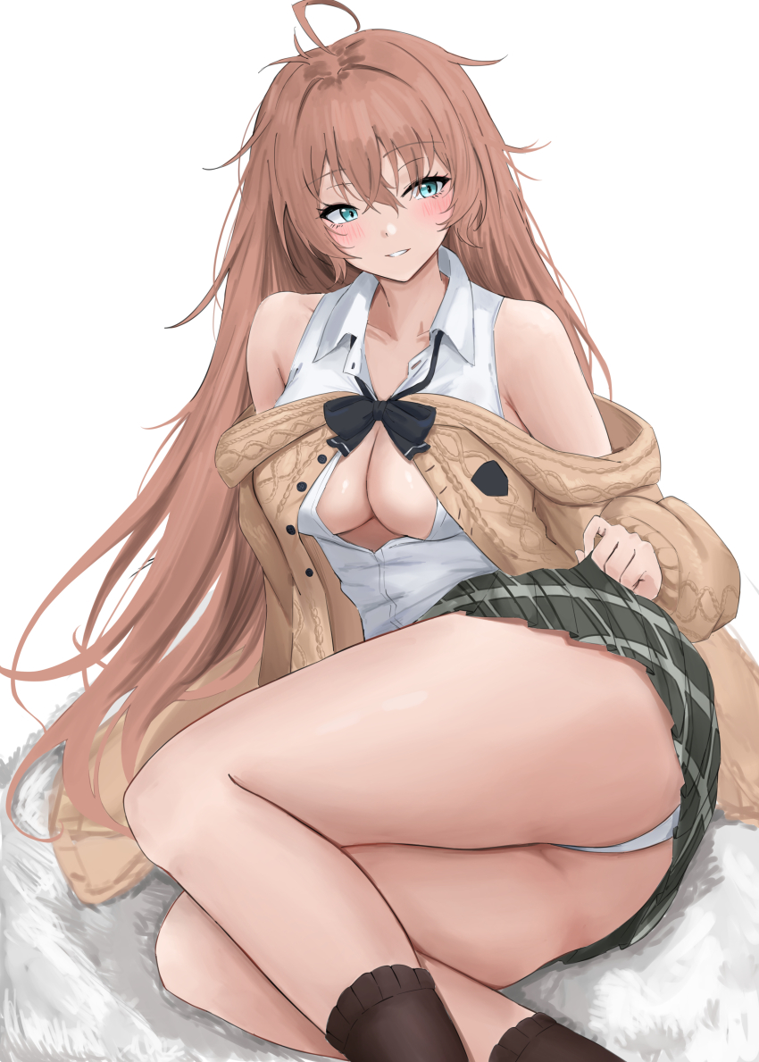 1girl absurdres ass azur_lane bare_legs bare_shoulders black_bow black_bowtie blue_eyes blush bow bowtie breasts brown_cardigan brown_hair cardigan cleavage clothes_lift collared_shirt commentary_request green_skirt grin hair_between_eyes highres impero_(azur_lane) impero_(languid_librarian)_(azur_lane) lifting_own_clothes light_smile long_hair long_sleeves lying medium_breasts messy_hair miniskirt no_bra off-shoulder_cardigan on_side open_cardigan open_clothes panties partially_unbuttoned plaid_clothes plaid_skirt pleated_skirt school_uniform shirt skirt skirt_lift sleeveless sleeveless_shirt smile solo soul_(dp11) teasing thighs underwear very_long_hair white_panties white_shirt
