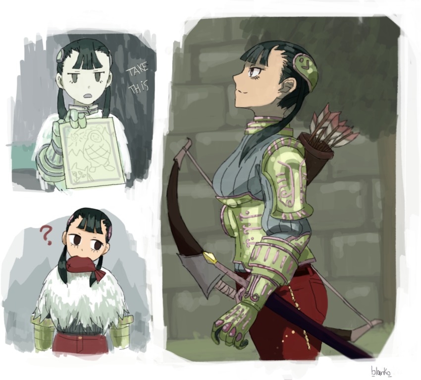 1girl ? armor armored_collar arrow_(projectile) ashei black_hair blanko blanko! blunt_bangs bow_(weapon) brick_wall cape drawing_(object) english_text fish_in_mouth from_side fur_cape gauntlets hair_ornament head_tilt jitome long_hair looking_at_viewer multiple_views nintendo pants pauldrons quiver ribbed_sweater sheath sheathed shoulder_armor signature sweater sword the_legend_of_zelda the_legend_of_zelda:_twilight_princess tree turtleneck twintails weapon