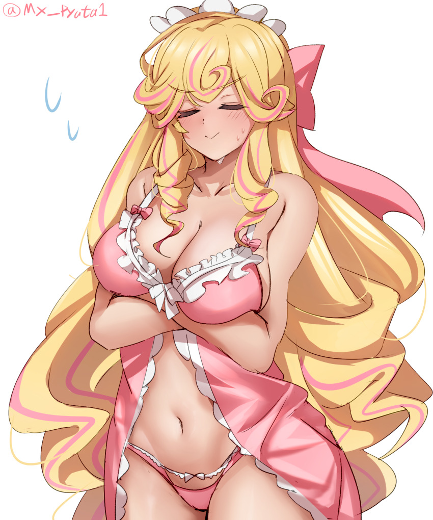 1girl alternate_costume blonde_hair breasts colored_eyelashes cookie_run cookie_run:_kingdom highres humanization kouign-amann_cookie lingerie long_hair looking_at_viewer multicolored_hair mx_pyuta1 personification pink_hair simple_background sleepwear smile solo streaked_hair underwear