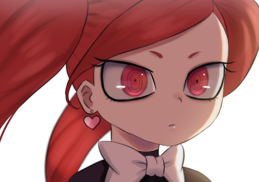 1girl boku_no_hero_academia bow bowtie close-up commentary_request earrings head heart heart_earrings highres hyakki_non jewelry la_brava long_hair portrait red_eyes simple_background solo twintails white_background white_bow
