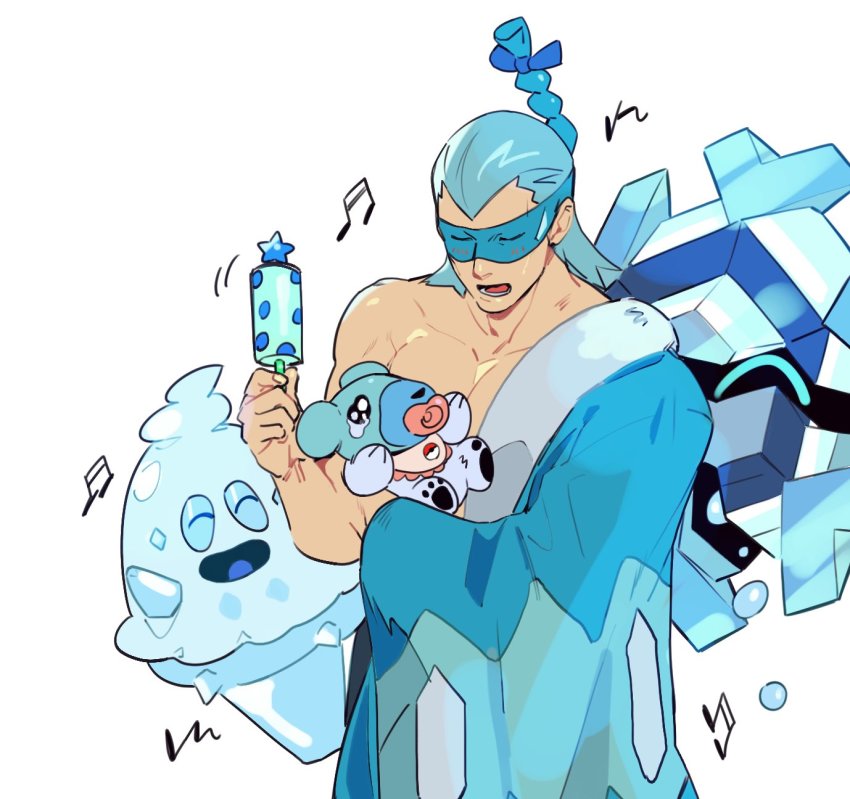 1boy blue_hair blush brycen_(pokemon) closed_eyes commentary_request cryogonal cubchoo gen_5_pokemon green_(grimy) gym_leader highres holding holding_pokemon male_focus medium_hair musical_note nintendo open_mouth pacifier pokemon pokemon_(creature) pokemon_bw tearing_up teeth tongue vanillish