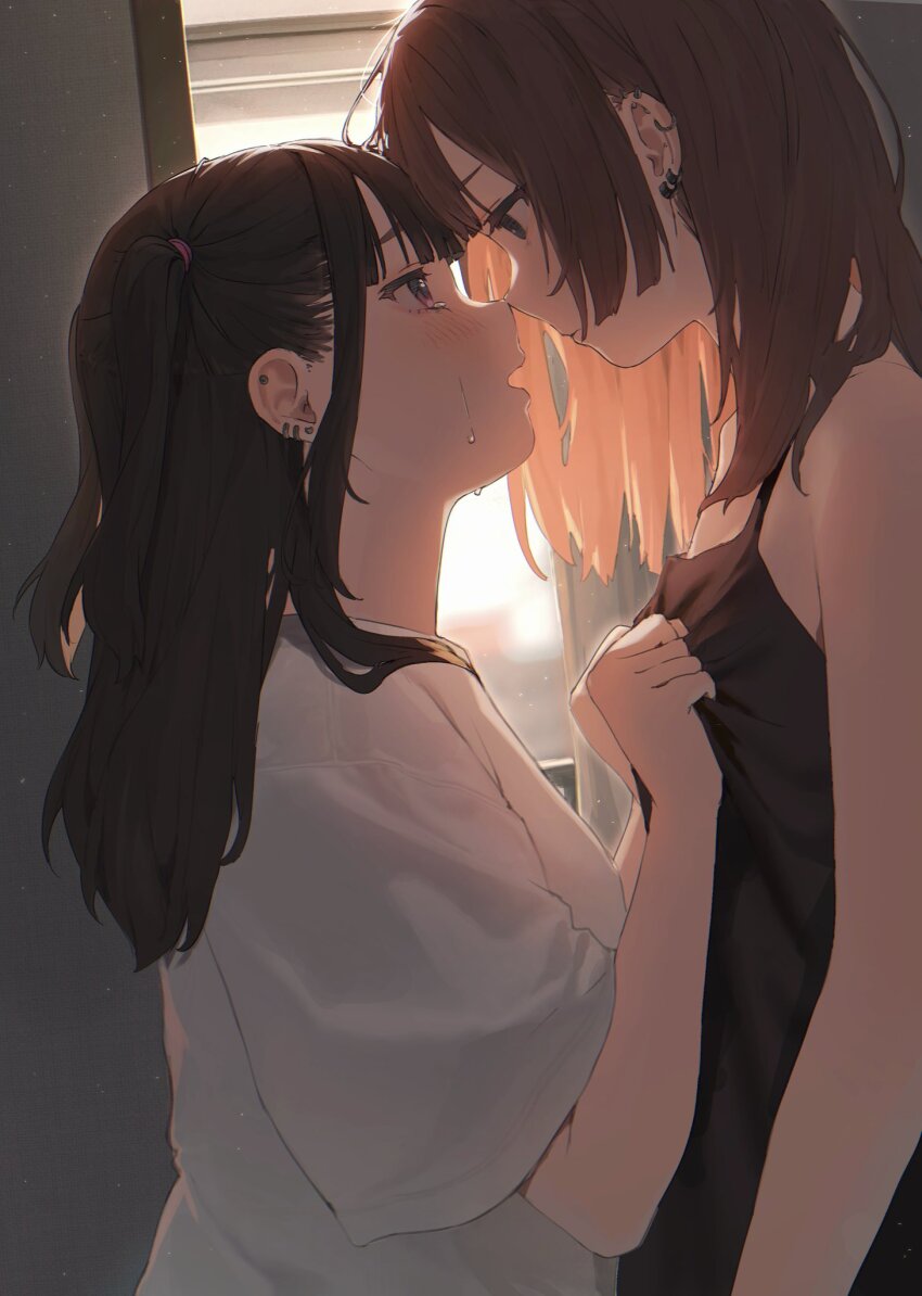 2girls black_camisole blush brown_hair camisole closed_mouth clothes_grab dutch_angle ear_piercing eye_contact hamunezuko_(nezukonezu32) highres indoors light_particles long_hair looking_at_another multiple_girls open_mouth original piercing pink_eyes shirt shirt_grab short_sleeves tears white_shirt yuri