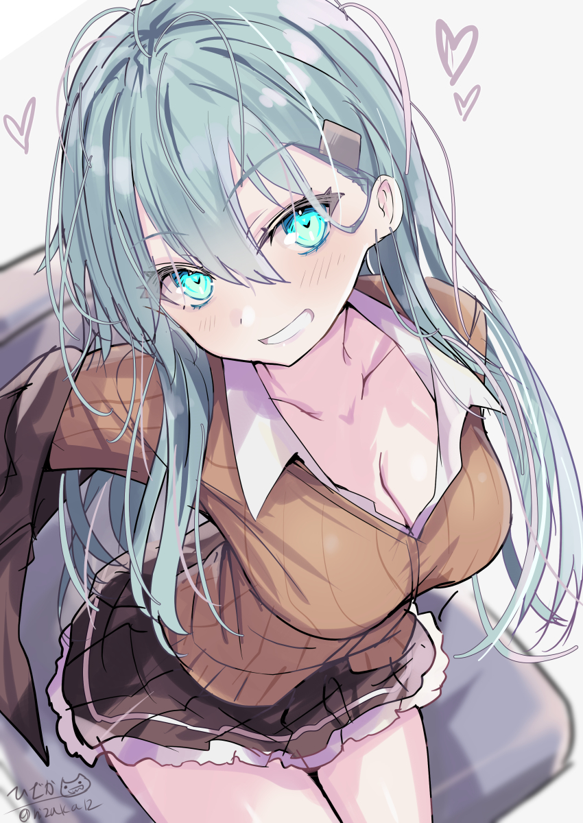 1girl absurdres aqua_eyes aqua_hair breasts brown_skirt brown_sweater cleavage collarbone commentary_request from_above grin hair_ornament heart heart_in_eye highres hizaka jacket jacket_partially_removed kantai_collection large_breasts light_blush long_hair looking_at_viewer ribbed_sweater signature simple_background skirt smile solo suzuya_(kancolle) suzuya_kai_ni_(kancolle) sweater symbol_in_eye white_background