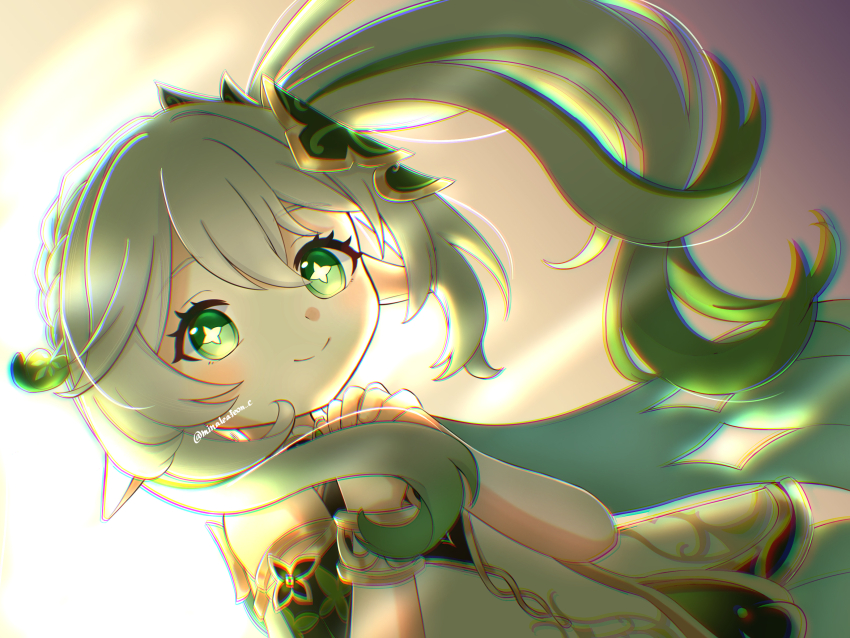 1girl absurdres bare_shoulders blush bracelet closed_mouth commentary_request detached_sleeves dress genshin_impact gold_trim gradient_hair green_eyes green_hair green_sleeves hair_between_eyes hair_ornament highres jewelry leaf_hair_ornament long_hair looking_at_viewer mina_(minaleafeon_c) multicolored_hair nahida_(genshin_impact) own_hands_clasped own_hands_together pointy_ears side_ponytail sleeveless sleeveless_dress smile solo star-shaped_pupils star_(symbol) symbol-shaped_pupils twitter_username white_dress white_hair