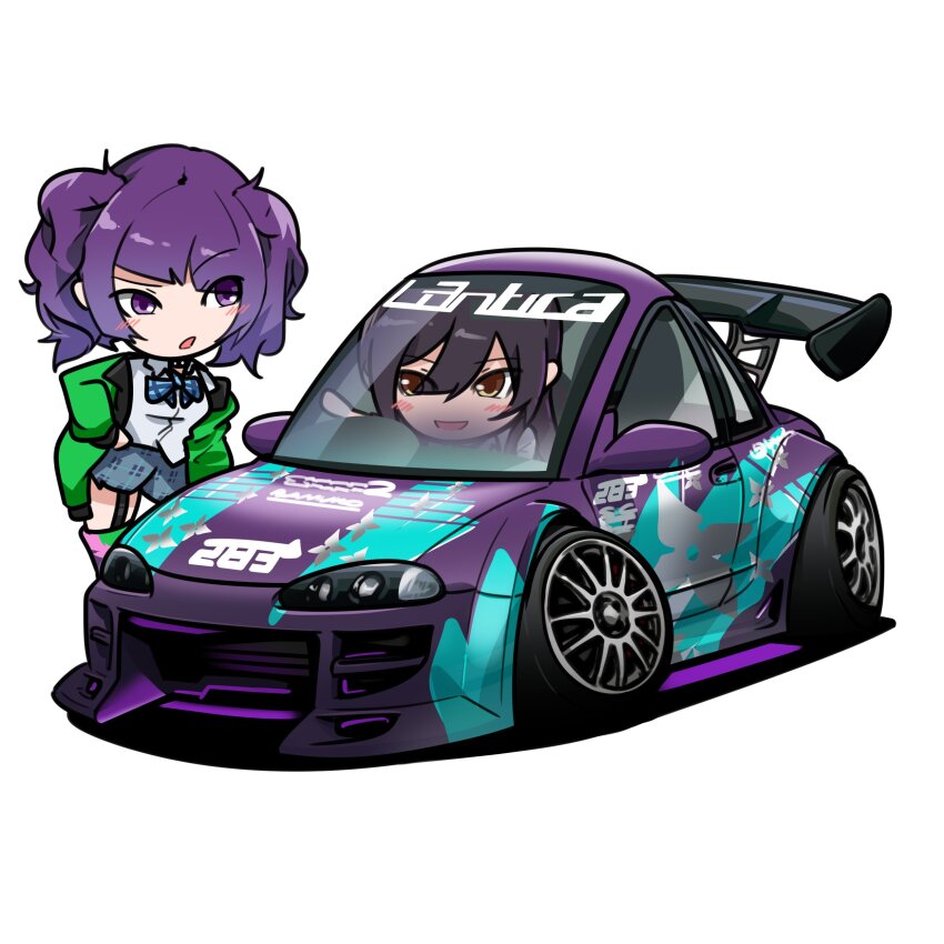 absurdres black_hair blue_shorts blush brown_eyes car chibi collared_shirt garter_straps green_jacket highres holeecrab idolmaster idolmaster_shiny_colors jacket looking_to_the_side mitsubishi_eclipse mitsubishi_motors motor_vehicle need_for_speed need_for_speed:_underground open_mouth plaid_clothes plaid_skirt purple_car purple_eyes purple_hair shirase_sakuya shirt shorts simple_background skirt smile spoiler_(automobile) stance_(vehicle) tanaka_mamimi twintails vehicle_focus white_background white_shirt