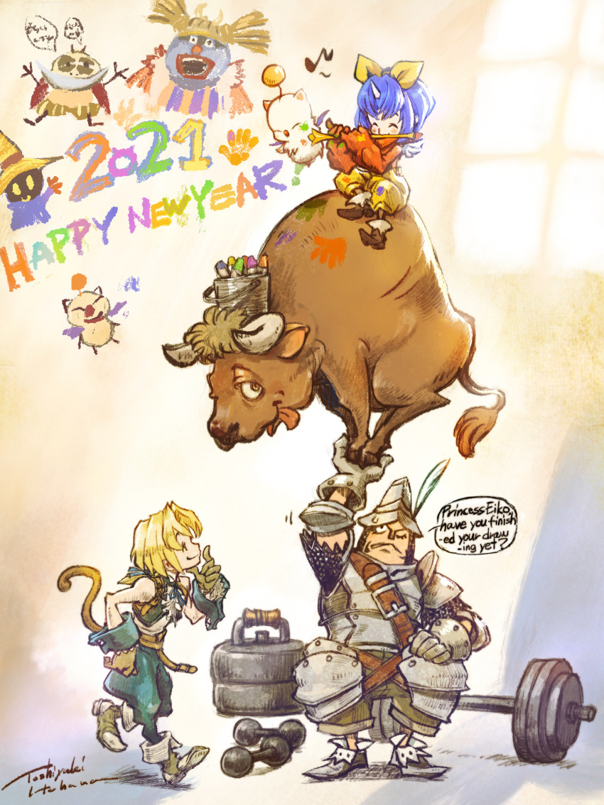 1girl 2021 2boys ^_^ absurdres adelbert_steiner armor artist_name blonde_hair blue_hair blue_pants blue_ribbon blue_vest blue_wrist_cuffs bow brahne_raza_alexandros_xvi breastplate bucket bull chinese_zodiac cid_fabool_ix closed_eyes commentary dumbbell eiko_carol english_commentary english_text final_fantasy final_fantasy_ix flute gauntlets gloves green_gloves hair_bow handprint happy_new_year helmet highres holding holding_instrument horns instrument itahana_toshiyuki looking_up mini_wings mog monkey_tail moogle multiple_boys music musical_note neck_ribbon new_year open_clothes open_vest pants playing_flute playing_instrument ribbon second-party_source shirt short_hair shoulder_armor single_horn speech_bubble tail tail_raised vest vivi_ornitier white_horns white_shirt white_wings wings wrist_cuffs year_of_the_ox yellow_bow zidane_tribal