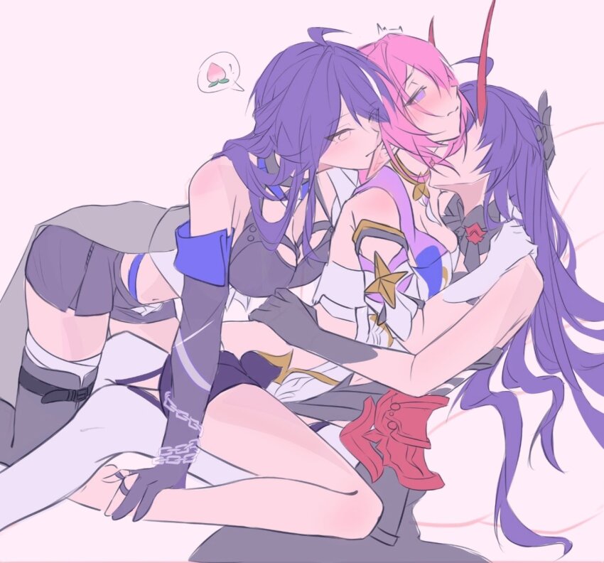 3girls acheron_(honkai:_star_rail) ahoge bent_over biting biting_ear black_boots black_dress black_shorts blush boots breasts chain color_connection crop_top dress elbow_gloves elf elysia_(herrscher_of_human:_ego)_(honkai_impact) elysia_(honkai_impact) fff_threesome food fruit gloves group_sex hair_color_connection hashtag-only_commentary highres honkai:_star_rail honkai_(series) honkai_impact_3rd horns kiss kissing_neck large_breasts long_hair lu_cas83 multiple_girls partially_fingerless_gloves peach pink_hair pointy_ears purple_eyes purple_gloves purple_hair raiden_mei raiden_mei_(herrscher_of_thunder) red_horns sawashiro_miyuki short_shorts shorts spoken_food threesome very_long_hair voice_actor_connection white_gloves yuri