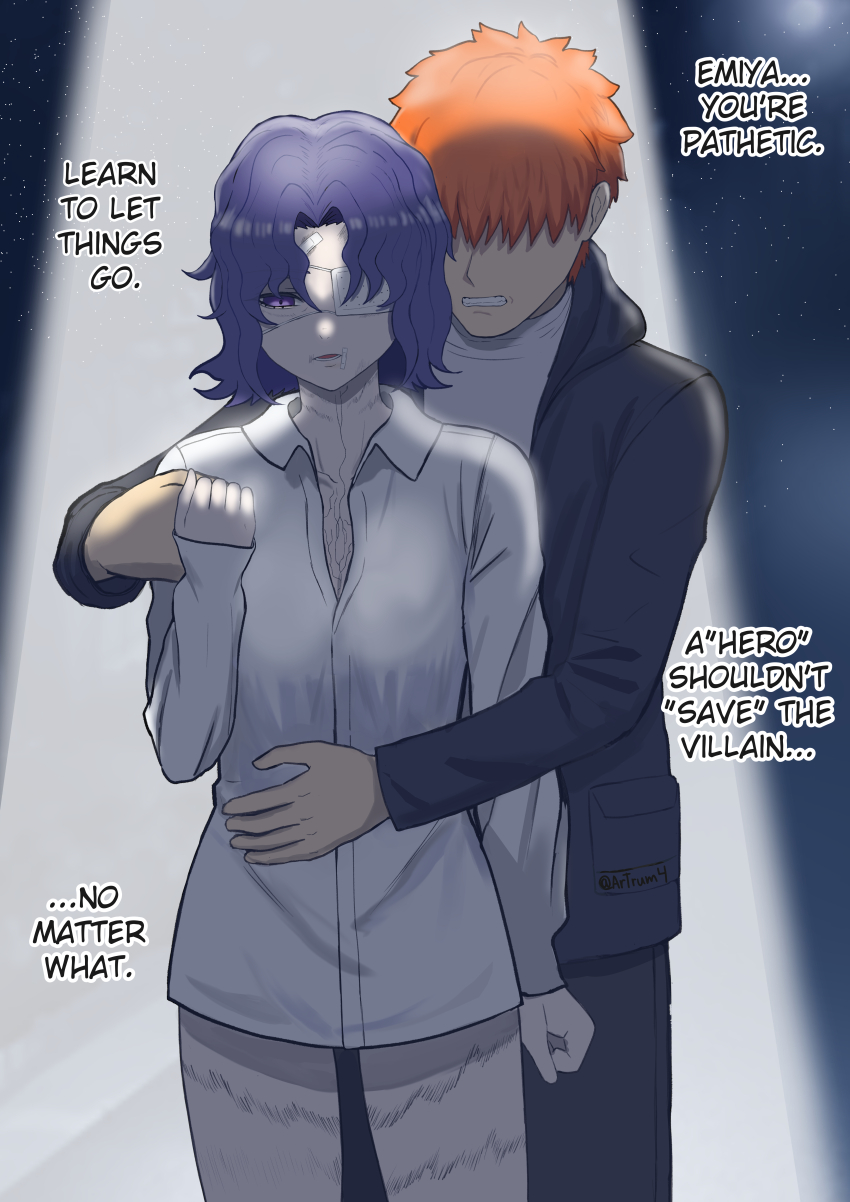 1boy 1girl absurdres artrum4 black_hoodie blue_hair clenched_teeth curly_hair dress_shirt emiya_shirou english_text eyepatch fate/stay_night fate_(series) genderswap genderswap_(mtf) hand_grab highres hood hoodie hug hug_from_behind matou_shinji medical_eyepatch orange_hair purple_eyes scar shirt spotlight teeth white_shirt