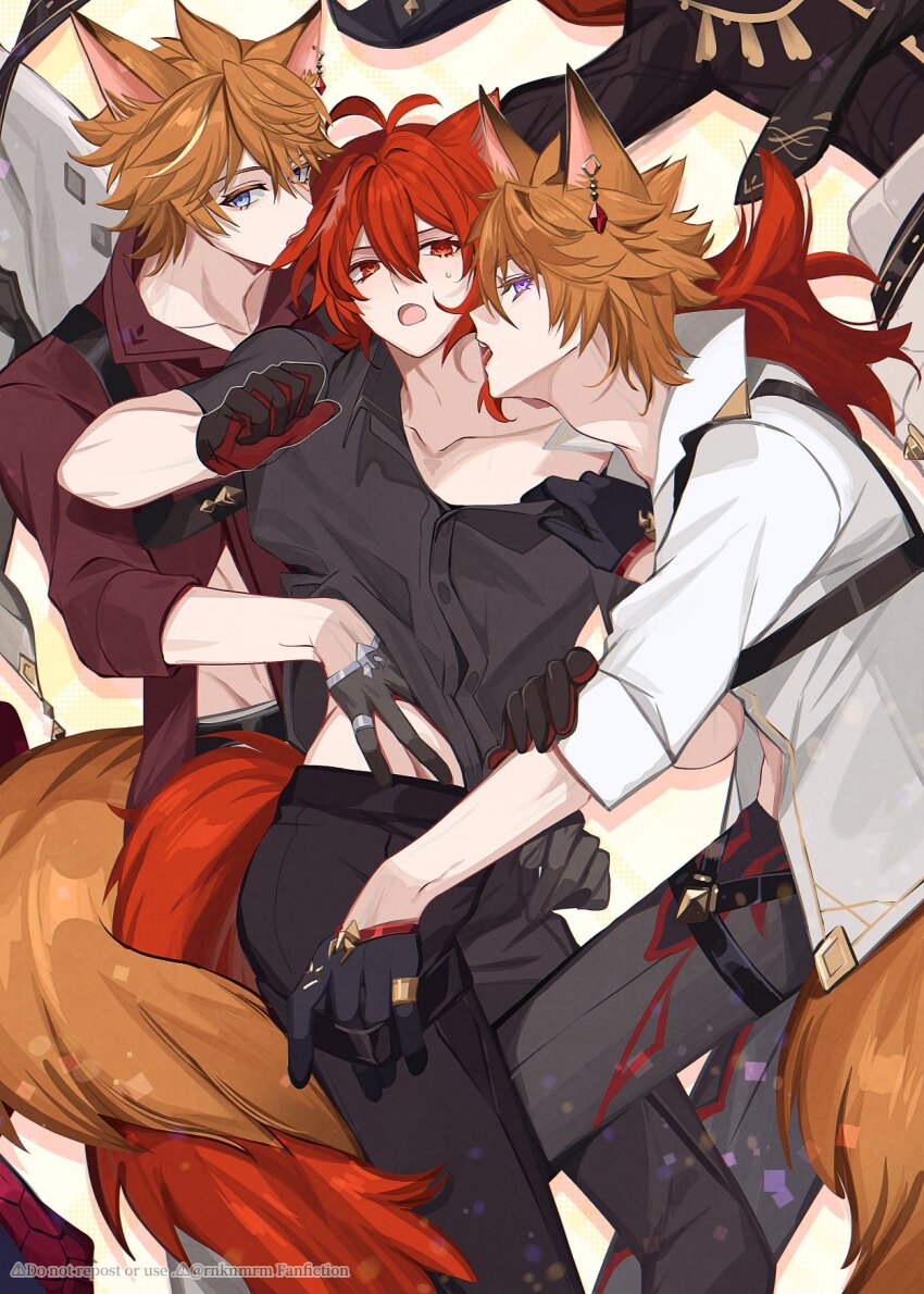 3boys animal_ears black_gloves black_pants black_shirt blue_eyes diluc_(genshin_impact) earrings fox_boy fox_ears fox_tail genshin_impact gloves hair_between_eyes highres hiki_yuichi jewelry long_hair long_sleeves lying male_focus midriff multiple_boys open_mouth orange_hair orange_tail pants purple_eyes red_eyes red_hair red_shirt red_tail shirt short_hair single_earring tail tartaglia_(delusion)_(genshin_impact) tartaglia_(genshin_impact) white_shirt yaoi