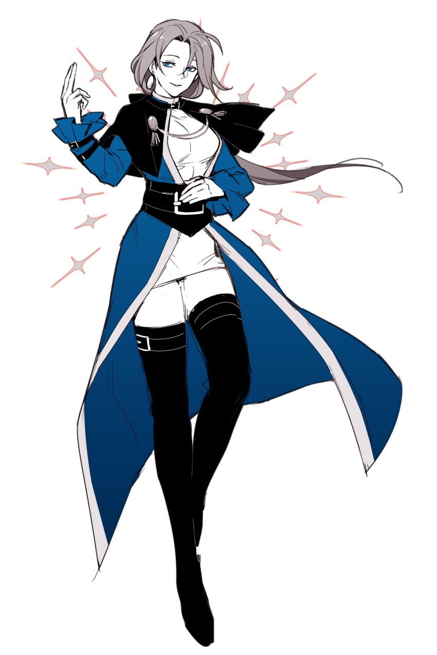 1girl absurdres an_ling_withered belt blonde_hair blue_dress boots breasts dress genderswap genderswap_(mtf) goeniko goenitz habit highres large_breasts long_hair long_sleeves looking_at_viewer ponytail pretty_goenitz simple_background smile snk solo the_king_of_fighters the_king_of_fighters_all-stars