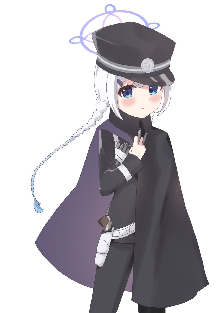 1girl alternate_costume belt black_cloak black_hat black_jacket black_pants blue_archive blue_eyes blush braid chest_harness cloak cosplay cowboy_shot crossover gakuran gun hair_ornament hairclip halo handgun harness hat highres hituji03-24 holding_tube jacket kirino_(blue_archive) kuzunoha_raidou kuzunoha_raidou_(cosplay) looking_at_viewer pants purple_halo revolver school_uniform shako_cap simple_background solo twin_braids weapon white_background white_belt white_hair