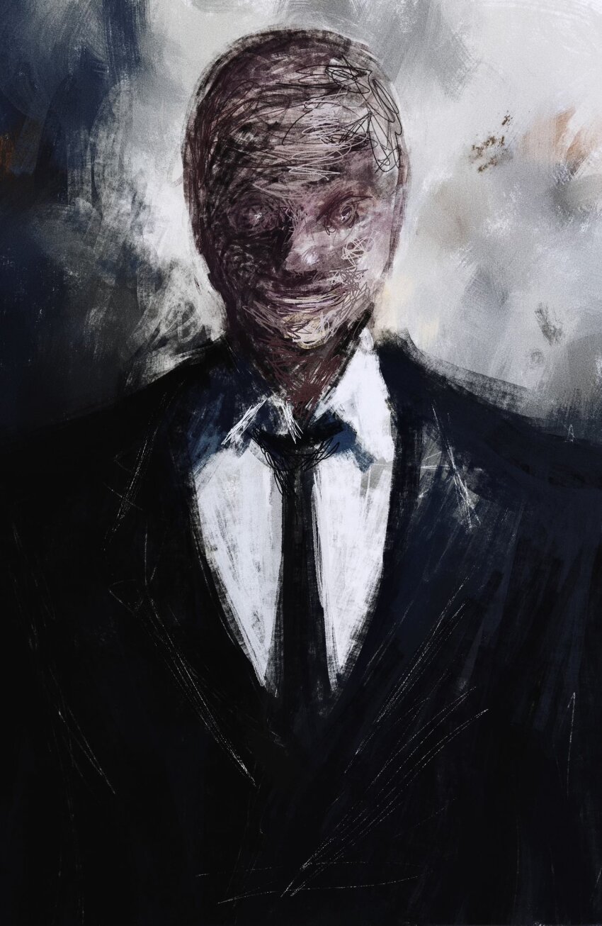 1boy abstract_background all_for_one_(boku_no_hero_academia) black_necktie black_suit boku_no_hero_academia business_suit colored_skin formal_clothes fuyumurasaki highres horror_(theme) male_focus necktie pink_skin scar smile solo suit upper_body