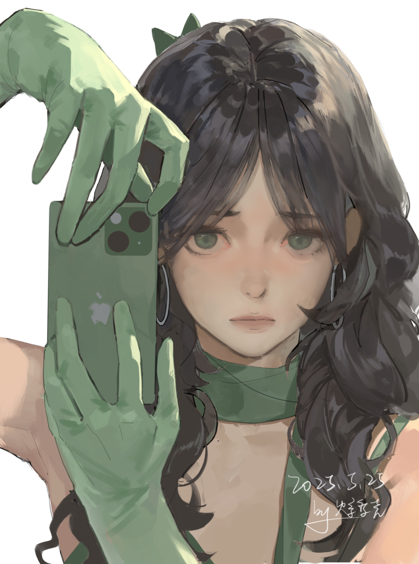 1girl absurdres black_hair cellphone close-up closed_mouth commentary_request dated earrings elbow_gloves gloves green_eyes green_gloves highres holding holding_phone hoop_earrings huosang_fanwu jewelry long_hair original phone signature simple_background solo taking_picture upper_body white_background