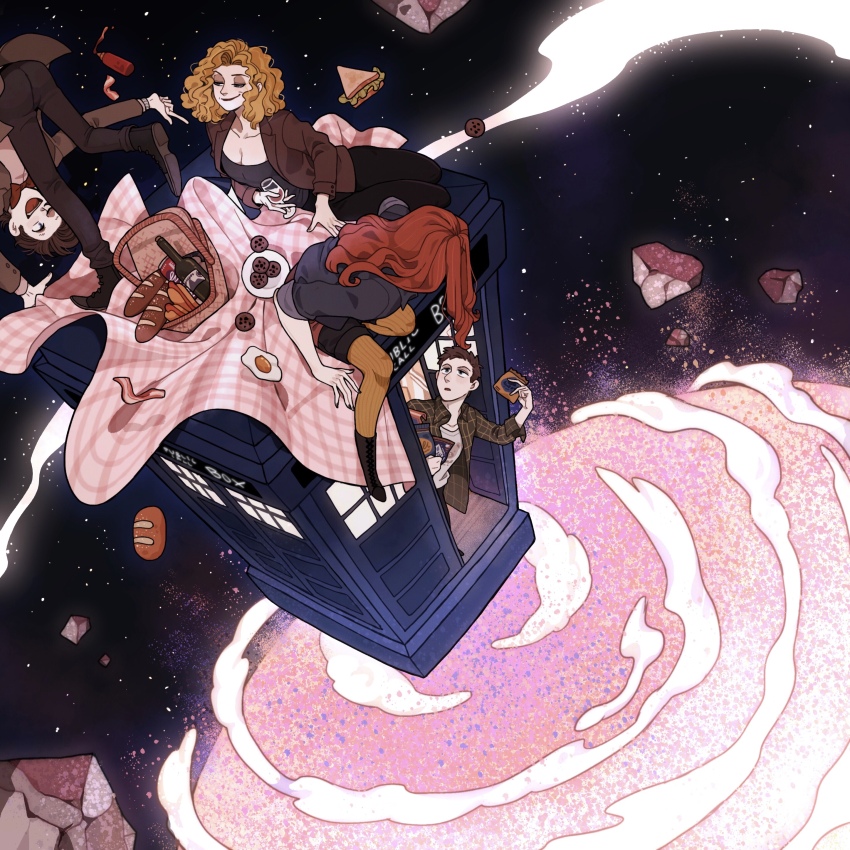 2boys 2girls ;d absurdres amy_pond bacon baguette black_boots black_nails black_pants black_shorts blonde_hair blue_eyes boots bottle bow bowtie bread breasts brown_boots brown_coat brown_hair brown_jacket can chinese_commentary cleavage closed_mouth coat collarbone commentary_request cookie cup curly_hair doctor_who drink_can drinking_glass egg eleventh_doctor_(doctor_who) food half-closed_eyes highres holding holding_cup holding_food hot_dog jacket juanmao ketchup_bottle lace-up_boots long_hair long_sleeves looking_at_another looking_down lying medium_breasts medium_hair multiple_boys multiple_girls on_side one_eye_closed open_clothes open_coat open_mouth open_shirt pants pantyhose picnic picnic_basket picnic_blanket plate pointing red_bow red_bowtie red_hair red_shirt river_song rory_williams shirt short_hair shorts sleeves_rolled_up smile snack space striped_clothes striped_pantyhose tardis the_doctor_(doctor_who) upside-down vertical-striped_clothes vertical-striped_pantyhose very_short_hair white_shirt wine_bottle wine_glass yellow_pantyhose