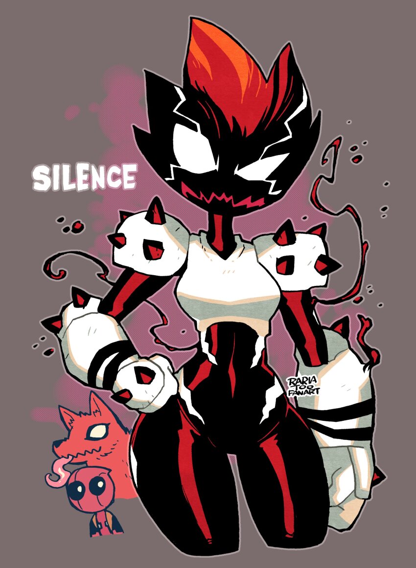 1boy 1girl absurdres armor bodysuit breasts character_name deadpool deadpool_(series) dog gloves highres long_tongue looking_at_another looking_at_viewer marvel medium_breasts multicolored_hair open_mouth princess_(marvel) rariatto_(ganguri) red_bodysuit red_hair red_mask sharp_teeth short_hair shoulder_armor shoulder_spikes silence_(marvel) simple_background solo_focus spider-man_(series) spikes streaked_hair superhero_costume symbiote teeth tongue two-tone_bodysuit white_armor white_eyes white_gloves