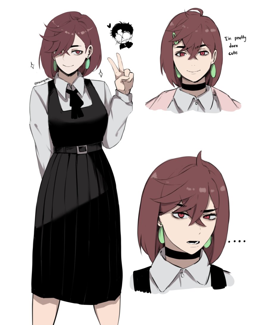 ... 1boy 1girl absurdres arm_behind_back ayase_momo black_choker black_dress brown_eyes brown_hair chainsaw_man choker cosplay dandadan dress earrings english_text fourth_east_high_school_uniform heart highres jacket jewelry masoq mitaka_asa mitaka_asa_(cosplay) pinafore_dress pink_jacket school_uniform shirt sleeveless sleeveless_dress smile solo_focus takakura_ken_(dandadan) v white_shirt