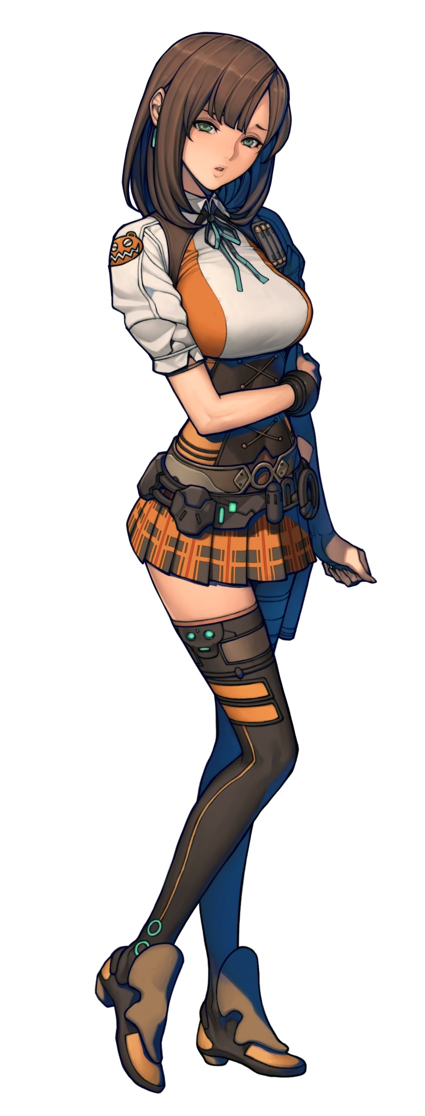 1girl absurdres boots bow bowtie bracelet breasts brown_hair character_request earrings female_focus full_body green_eyes highres jewelry lips looking_at_viewer medium_breasts metal_max metal_max_xeno oda_non official_art open_mouth pleated_skirt short_sleeves simple_background skirt solo standing thigh_boots thighhighs toni_(metal_max_xeno) white_background zettai_ryouiki