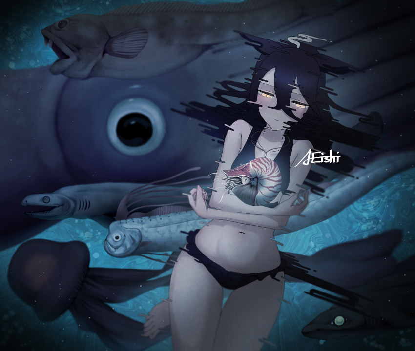 1girl a4_(a4_eishi) absurdres ahoge animal_request bikini black_bikini black_hair commentary_request fish giant_squid glitch hair_between_eyes highres horse_girl horse_tail jellyfish jewelry manhattan_cafe_(the_bubbles_that_i_see_with_you)_(umamusume) manhattan_cafe_(umamusume) multicolored_hair navel necklace solo squid submerged swimsuit tail two-tone_hair umamusume underwater white_hair yellow_eyes