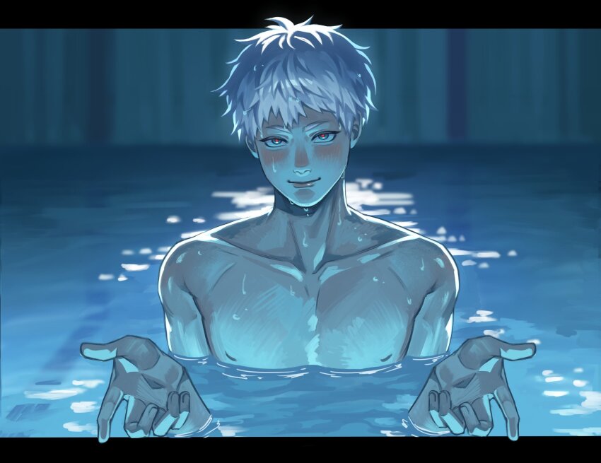 1boy blush closed_mouth collarbone fingernails hashtag-only_commentary highres hikaru_ga_shinda_natsu i&#039;ll_teach_you_everything_(chainsaw_man) indou_hikaru letterboxed lips looking_at_viewer male_focus nipples nose nude outside_border partially_submerged red_pupils scene_reference short_eyebrows short_hair skinny_dipping solo upper_body verbartt wet wet_hair white_hair