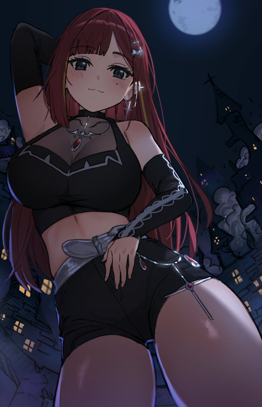 1girl absurdres akane_lize arm_up arm_warmers belt black_shorts blonde_hair breasts building cleavage closed_mouth crop_top dunggeul_dunggeul earrings full_moon hair_ornament highres jewelry large_breasts long_hair looking_at_viewer mole mole_under_eye moon multicolored_hair night outdoors red_hair short_shorts shorts sleeveless solo stellive streaked_hair