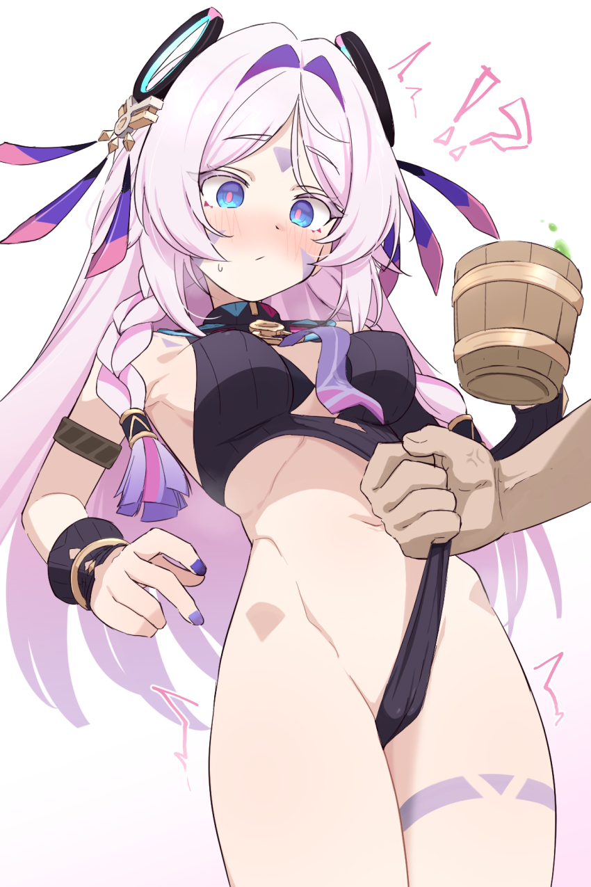 !? 1boy 1girl bare_shoulders black_leotard blue_eyes blush breasts citlali_(genshin_impact) closed_mouth commentary cup donutman facial_mark forehead_mark frontal_wedgie genshin_impact giving_wedgie hair_ornament highres holding holding_cup leotard long_hair navel pink_hair pink_pupils pulling_another&#039;s_clothes solo_focus stomach sweatdrop wedgie