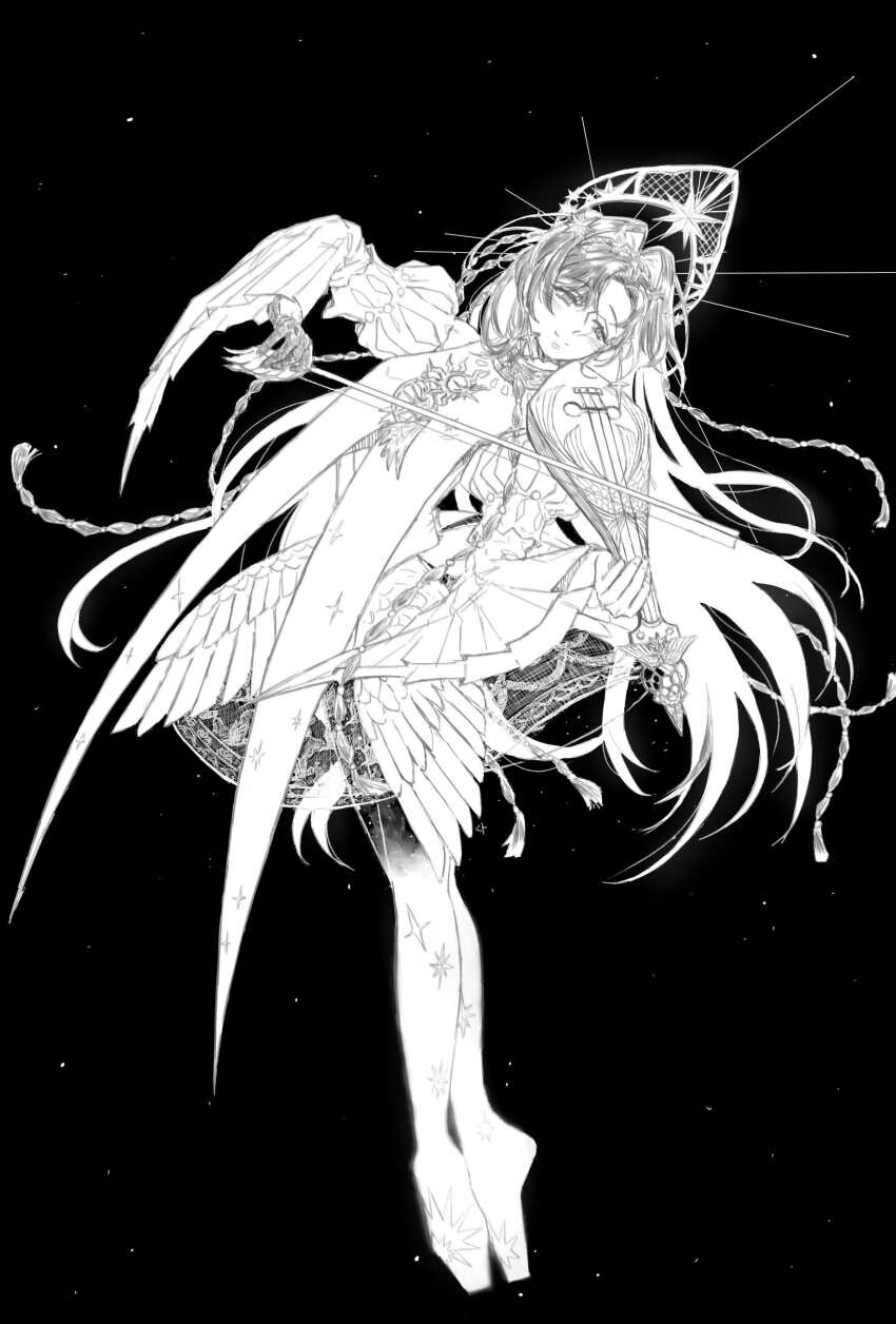 1girl absurdres black_background bow_(music) dress full_body greyscale hair_intakes hair_ornament half-closed_eyes highres holding holding_bow_(music) holding_instrument instrument juliet_sleeves lace_dress leaning_to_the_side long_hair long_sleeves looking_to_the_side monochrome official_alternate_costume puffy_sleeves reverse:1999 short_dress smile solo standing star_(symbol) star_hair_ornament su_regii tiptoes very_long_hair voyager_(choir_of_the_stars)_(reverse:1999) voyager_(reverse:1999) wide_sleeves