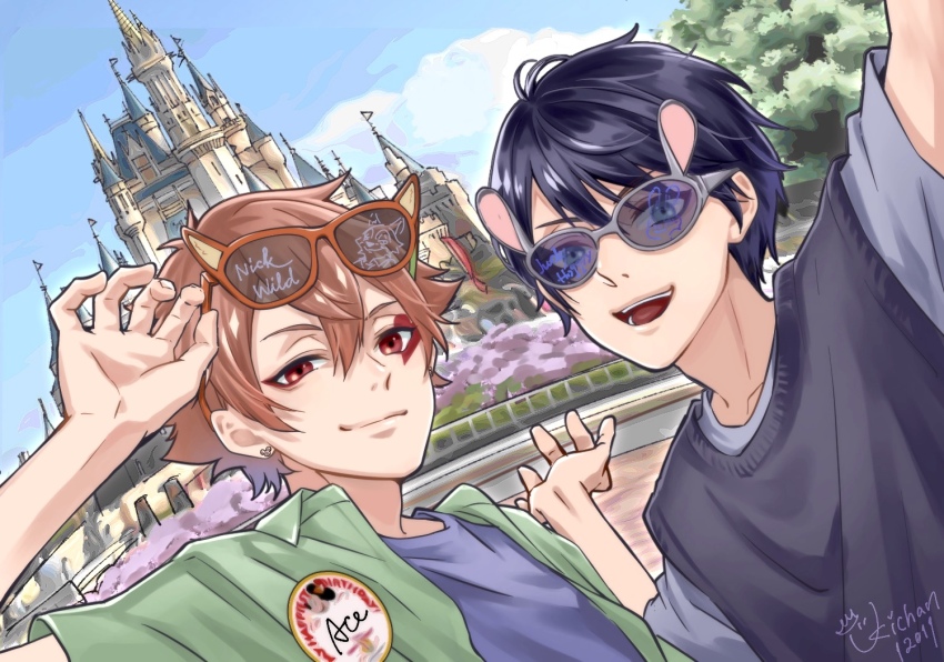 2boys ace_trappola animal-themed_eyewear blue_eyes blue_hair blue_shirt castle commentary_request deuce_spade disneyland judy_hopps looking_at_viewer male_focus multiple_boys nick_wilde outdoors red_eyes red_hair selfie shirt short_hair sunglasses sweater_vest twisted_wonderland ukichan12011 upper_body zootopia