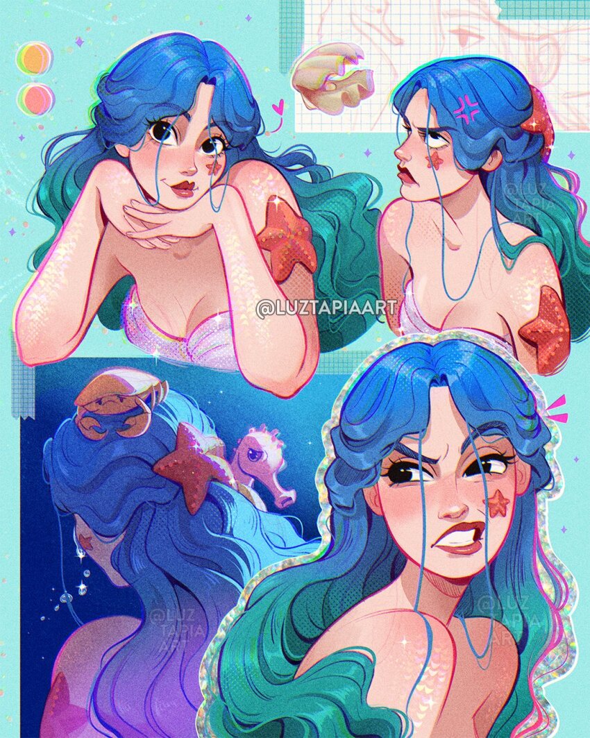 1girl aqua_hair artist_name blue_hair cora_(luztapiaart) gradient_hair highres long_hair luztapiaart mermaid monster_girl multicolored_hair original starfish two-tone_hair watermark