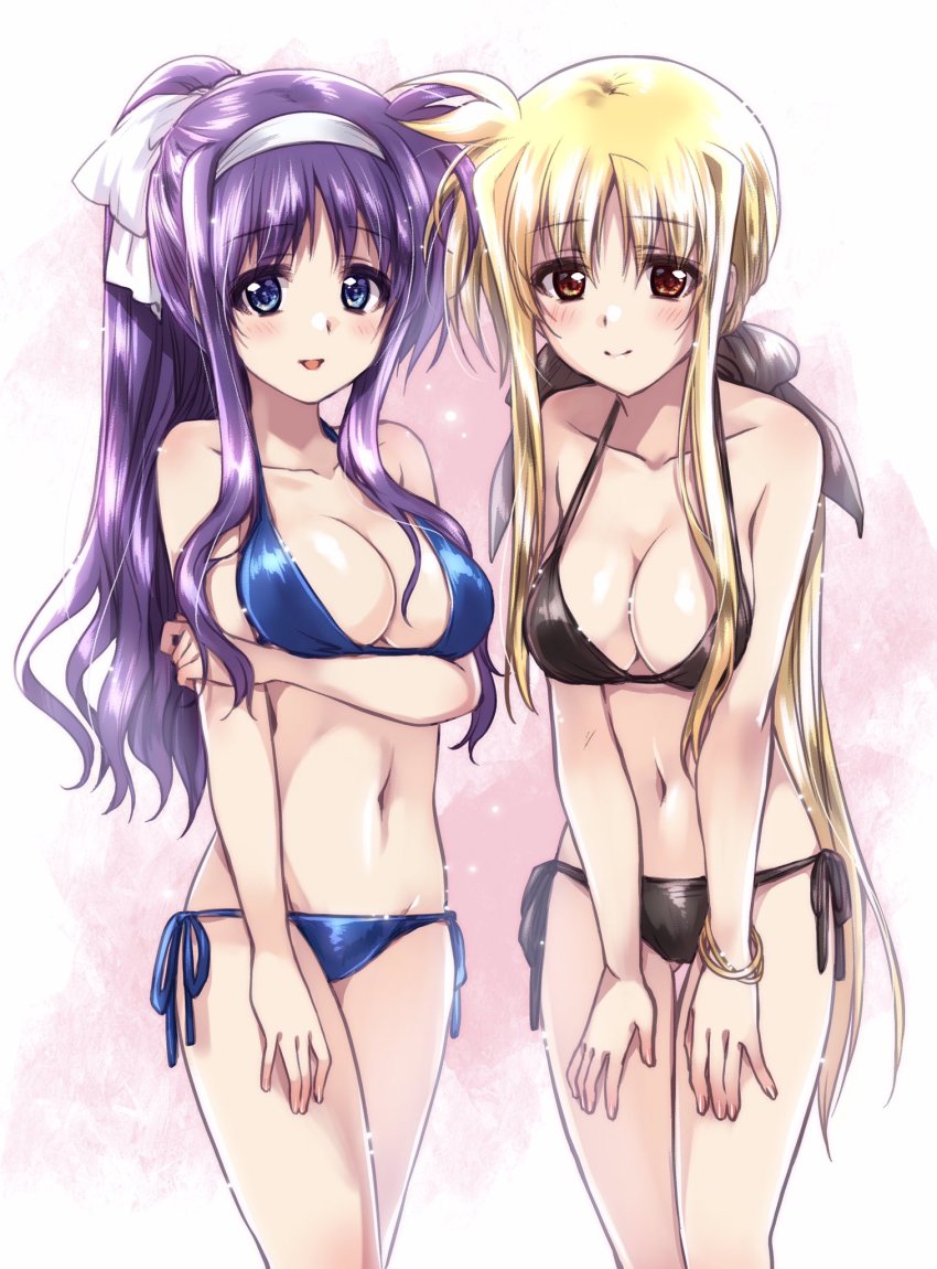 2girls bikini black_bikini black_ribbon blue_bikini blue_eyes blush bracelet breast_hold breasts cleavage closed_mouth commentary_request fate_testarossa hair_ribbon hairband halterneck hand_on_own_thigh hands_on_own_thighs highres jewelry kuroi_mimei long_hair looking_at_viewer lyrical_nanoha mahou_shoujo_lyrical_nanoha medium_breasts multiple_girls open_mouth purple_hair ribbon side-tie_bikini_bottom smile standing swimsuit thigh_gap tsukimura_suzuka very_long_hair white_hairband white_ribbon