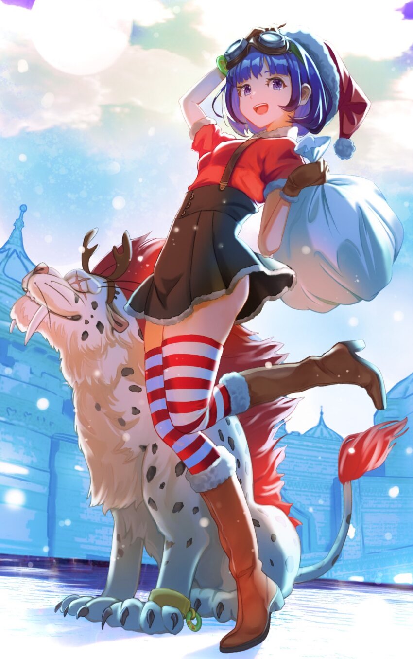 1girl 1other :d antlers bag black_skirt blue_eyes blue_hair blunt_bangs bob_cut boots bracelet breasts brown_boots brown_gloves chome_(dq10) christmas cloud cloudy_sky commentary_request cross_scar dragon_quest dragon_quest_x fake_antlers floating_clothes full_body fur_trim gloves goggles goggles_on_head great_sabrecat hand_on_own_head hat highres holding holding_bag horizontal-striped_thighhighs horns jewelry leg_up looking_at_viewer medium_breasts numao_sub open_mouth red_fur red_shirt red_thighhighs reindeer_antlers santa_hat scar scar_across_eye scar_on_face seraphy_(dq10) sharp_teeth shirt short_hair short_sleeves skirt sky smile snowing spotted_fur striped_clothes striped_thighhighs suspender_skirt suspenders teeth thighhighs white_fur white_thighhighs zettai_ryouiki