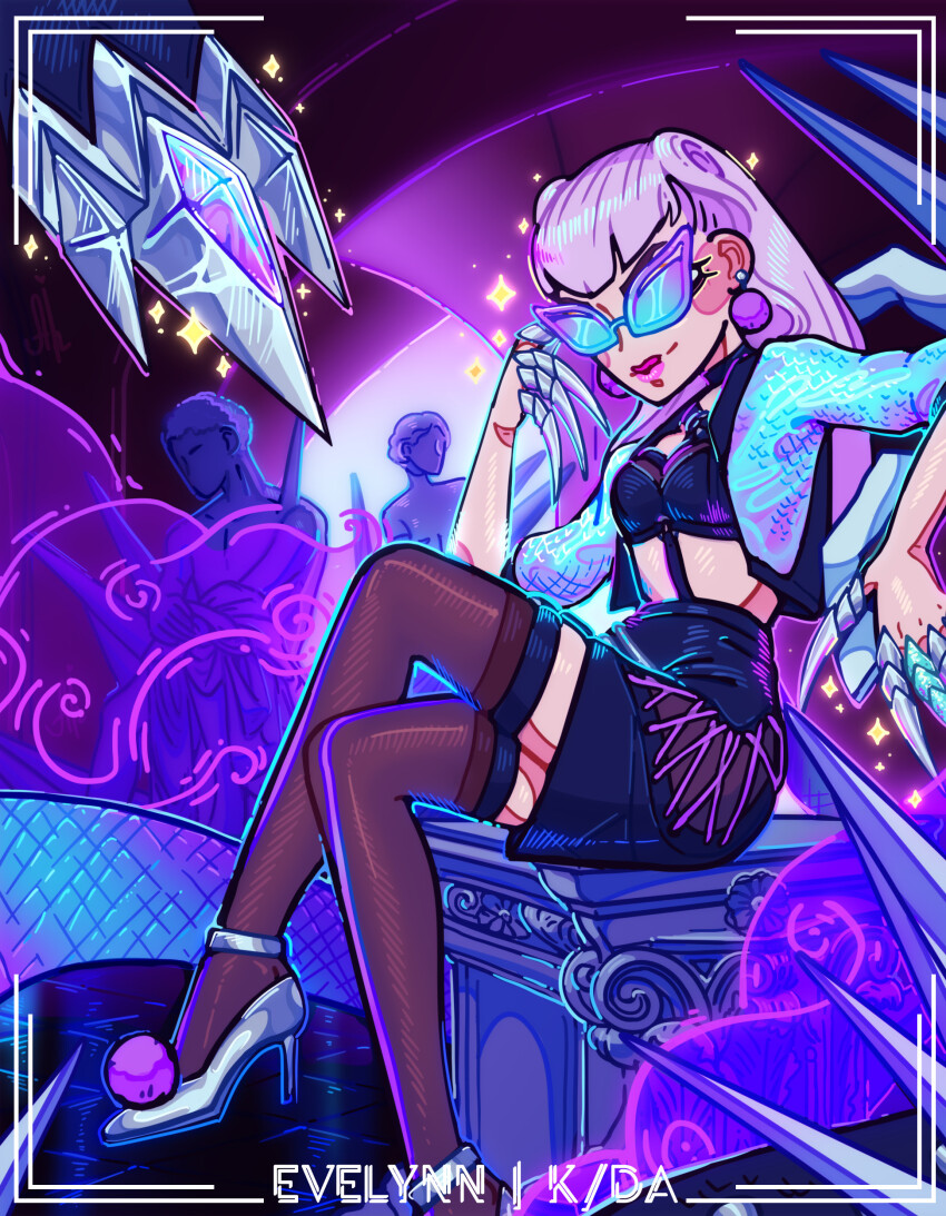 1girl absurdres arm_up black_skirt black_thighhighs breasts claw_(weapon) cropped_jacket demon_girl evelynn_(league_of_legends) gentiloignon glasses high_heels highres jacket k/da_(league_of_legends) k/da_all_out_evelynn league_of_legends long_hair looking_at_viewer medium_breasts open_clothes open_jacket sitting skirt smile smoke solo statue thighhighs thighs weapon white_hair