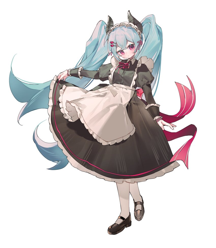 1girl absurdres apron arm_at_side back_bow black_dress black_horns black_shoes blue_hair borrowed_character bow breasts buttons closed_mouth clothes_grab collar collared_dress commission crossed_bangs double-parted_bangs dress expressionless frilled_apron frills full_body hair_ornament hairpin hand_up heart heart_hair_ornament highres horns jinkakubousou jitome juliet_sleeves long_dress long_hair long_sleeves looking_at_viewer maid maid_headdress mary_janes morello_(morellostorment) neck_ribbon original pantyhose pink_bow pink_eyes pink_ribbon pink_trim puffy_sleeves ribbon second-party_source shoes simple_background skirt_grab small_breasts solo standing standing_on_one_leg tachi-e twintails waist_apron white_apron white_background white_collar white_pantyhose wind wing_collar wrist_cuffs