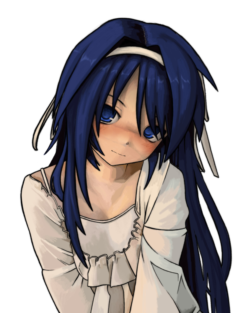 1girl blouse blue_eyes blue_hair blush camisole eyebrows_hidden_by_hair hairband head_tilt highres light_smile long_hair original shirt solo upper_body white_camisole white_hairband white_shirt zoolpal