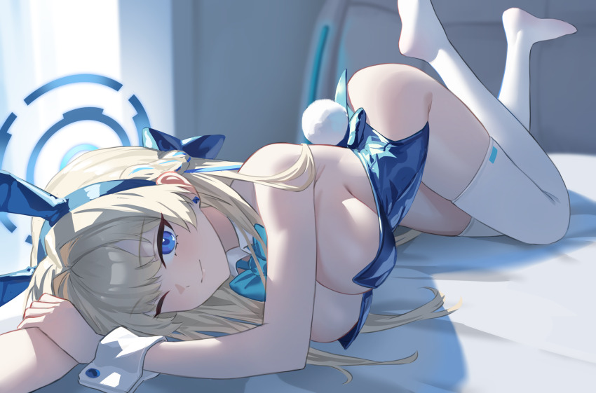 1girl absurdres animal_ear_hairband animal_ears blonde_hair blue_archive blue_eyes blue_hairband blue_halo blue_leotard blush breasts cleavage closed_mouth detached_collar fake_animal_ears fake_tail hairband halo highleg highleg_leotard highres leotard long_hair looking_at_viewer medium_breasts one_eye_closed playboy_bunny rabbit_ear_hairband rabbit_ears rabbit_tail shortofsugar solo strapless strapless_leotard tail thighhighs thighs toki_(blue_archive) toki_(bunny)_(blue_archive) white_thighhighs white_wrist_cuffs wrist_cuffs