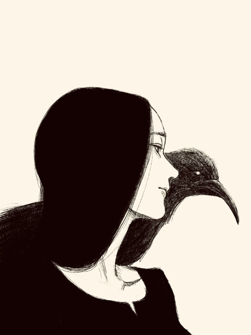 1girl animal animal_on_shoulder bird black_hair crow greyscale highres long_hair looking_at_animal looking_to_the_side monochrome original portrait solo tp_p_pt white_background