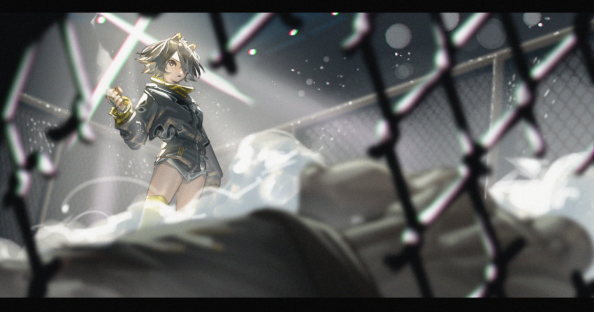 1girl 1other animal_ears arknights backlighting bear_ears beehunter_(arknights) black_eyes black_hair black_jacket black_shorts broken_fence chain-link_fence clenched_hand fence hair_over_one_eye highres jacket lanzi_(415460661) letterboxed long_sleeves open_mouth short_hair shorts single_thighhigh solo_focus standing thighhighs v-shaped_eyebrows yellow_thighhighs