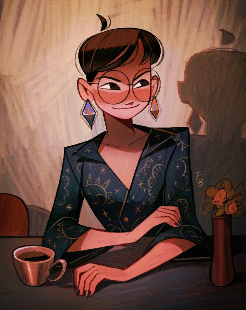 1girl ahoge black_jacket brown_hair collarbone commentary cup earrings english_commentary flower friedbaens glasses highres jacket jewelry looking_to_the_side original print_jacket round_eyewear shadow short_hair sitting smug solo very_short_hair