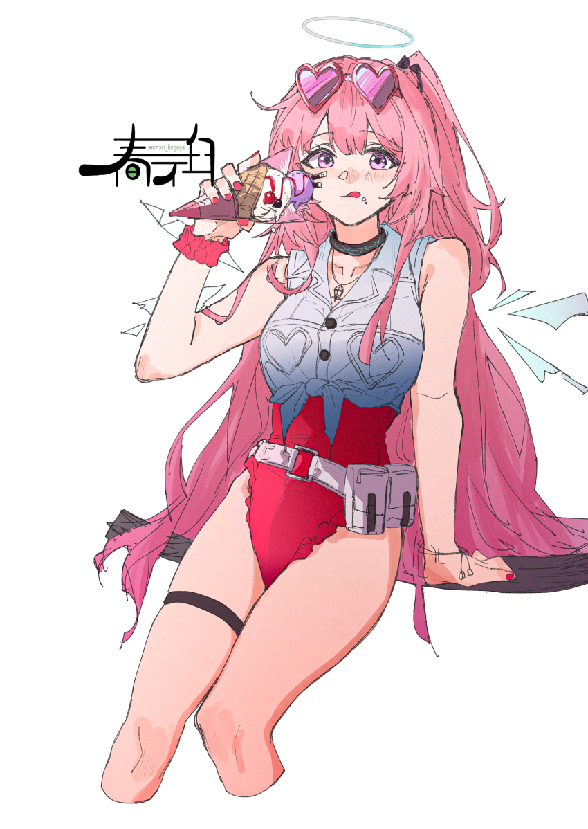 1girl absurdres ambriel_(arknights) ambriel_(holiday)_(arknights) arknights bare_shoulders commentary_request cropped_jacket eyewear_on_head food grey_jacket halo harukan_tiusu highres holding holding_food holding_ice_cream ice_cream infection_monitor_(arknights) jacket long_hair looking_at_viewer nail_polish one-piece_swimsuit pink_eyes pink_hair pink_nails red_one-piece_swimsuit solo sunglasses swimsuit thigh_strap traditional_halo white_background