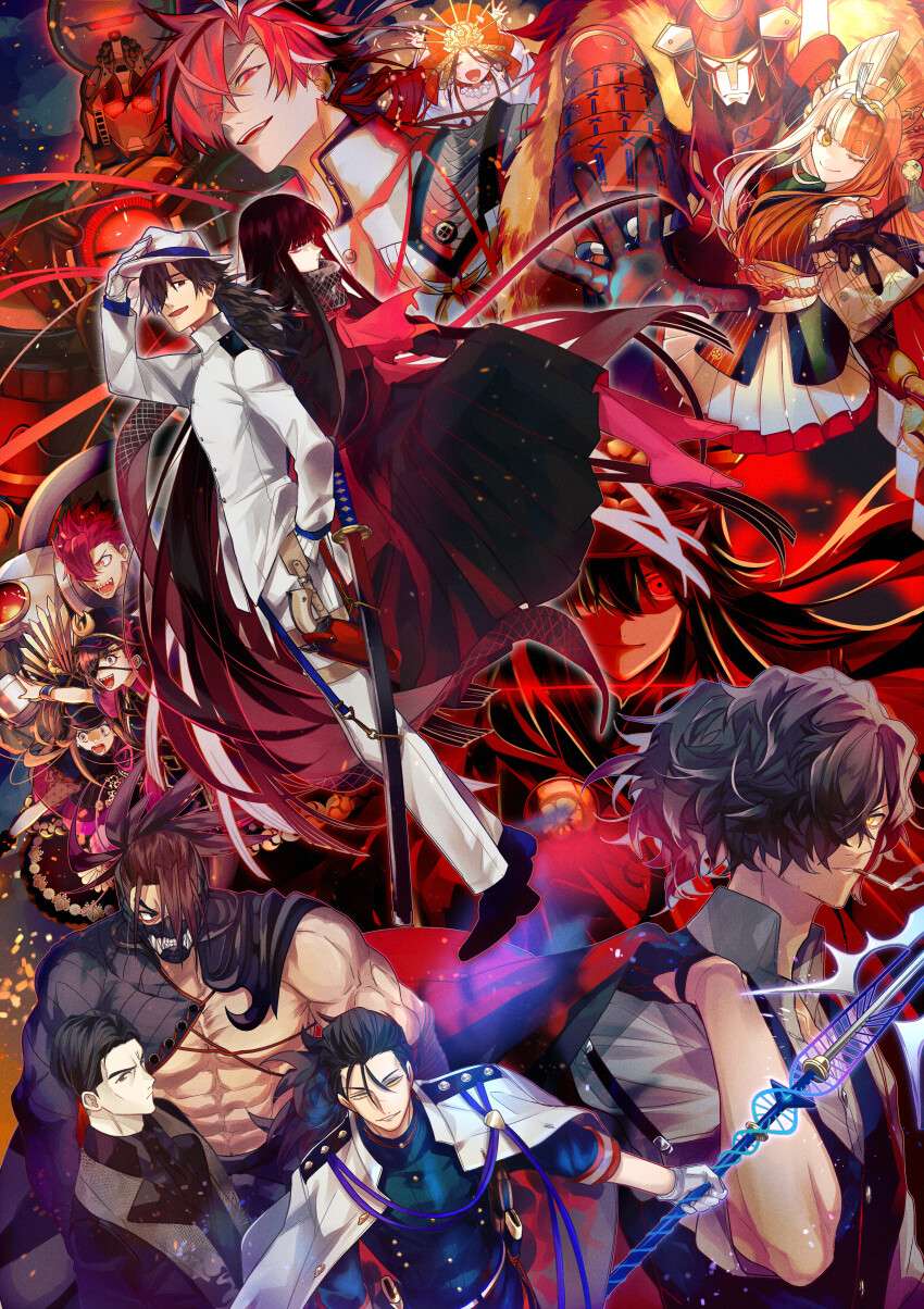 6+boys 6+girls abs absurdres armor asymmetrical_sleeves bare_pectorals bead_necklace beads biceps black_gloves black_hair black_hat black_jacket black_necktie black_pants black_scarf black_shirt black_suit black_vest blunt_bangs blush body_markings breasts brown_eyes brown_hair chacha_(fate) cigarette clothes_lift collared_cape collared_shirt comb_over crest dress earrings eyebrow_cut eyepatch facial_hair facial_mark family_crest fate/grand_order fate_(series) fedora fish_hook floating forehead_mark formal_clothes glove_cutout gloves grey_eyes grey_hakama grey_scarf grey_shirt hair_between_eyes hair_ornament hair_over_one_eye hair_ribbon hair_slicked_back hakama half_mask hat headpiece helmet highres himiko_(fate) himiko_(third_ascension)_(fate) holding holding_jacket holding_unworn_clothes igote izumo_no_okuni_(fate) izumo_no_okuni_(third_ascension)_(fate) jacket jacket_lift japanese_armor japanese_clothes jewelry kabuto_(helmet) katana kikumon kimono large_breasts large_pectorals long_hair long_hair_between_eyes long_sleeves looking_at_viewer low_ponytail magatama magatama_necklace mask medallion medium_breasts miko military_hat mori_nagayoshi_(fate) multicolored_hair multicolored_kimono multiple_boys multiple_girls muscular muscular_male mysterious_ranmaru_x_(fate) nagatekkou neckerchief necklace necktie oda_nobunaga_(fate) oda_uri okada_izou_(fate) okada_izou_(i&#039;m_one_dapping_fella)_(fate) open_collar open_mouth oryou_(fate) pants pantyhose peaked_cap pectorals pink_pantyhose ponytail purple_dress red_eyes red_hair red_hakama ribbon rope_belt sakamoto_ryouma_(fate) sakamoto_ryouma_(lancer)_(fate) scarf sharp_teeth shirt short_hair short_sleeves sidelocks skirt sleeveless sleeveless_kimono sleeves_rolled_up smile smoking spiked_hair split-color_hair streaked_hair stubble suit sword takasugi_shinsaku_(fate) takechi_zuizan_(fate) tanaka_shinbei_(fate) teeth torn_clothes torn_neckerchief two-tone_hair two-tone_thighhighs u_5ham0 unworn_jacket very_long_hair vest weapon white_gloves white_hair white_hat white_jacket white_kimono white_suit wide_sleeves wrinkled_skin wrist_cuffs yellow_eyes zanzaburou_(fate)