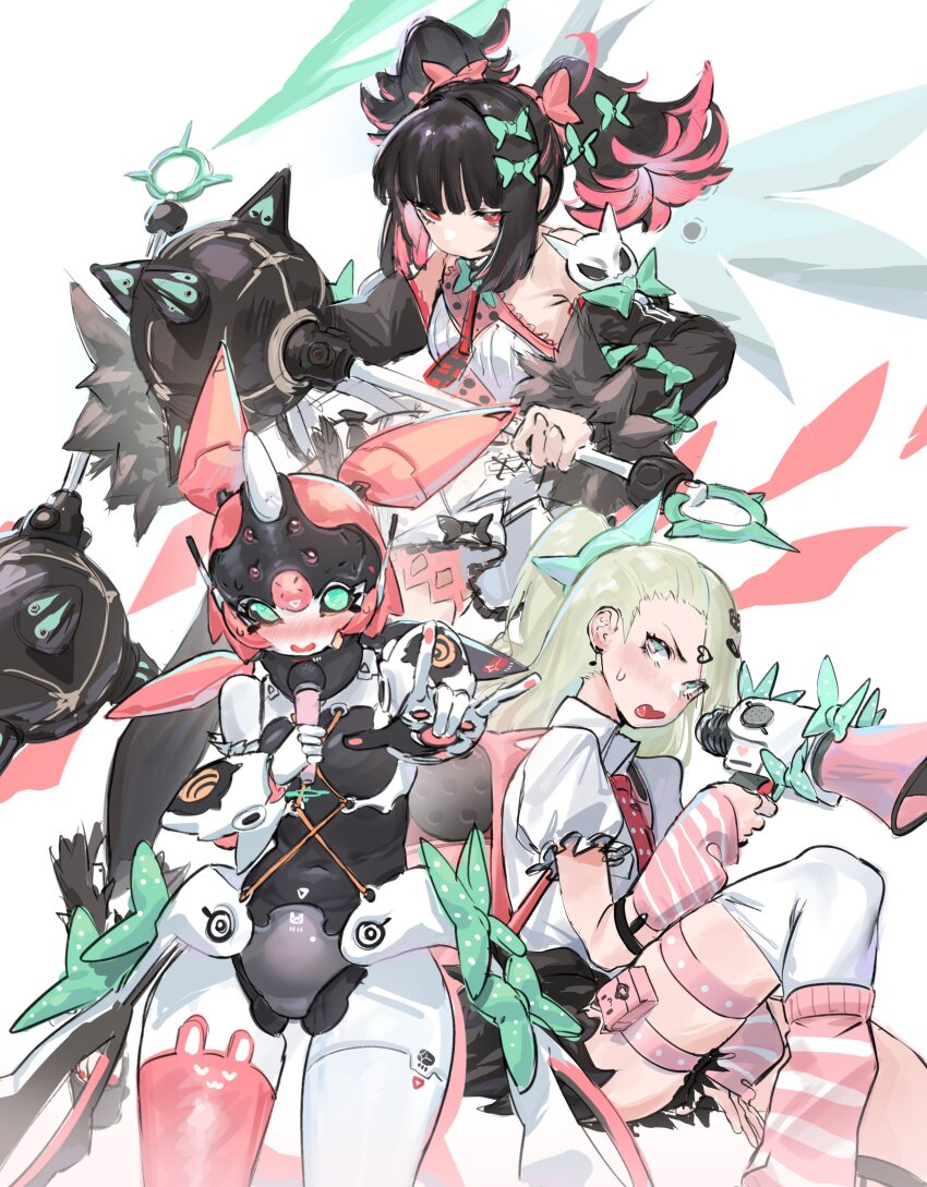 3girls \m/ absurdres aqua_bow aqua_eyes bare_shoulders black_hair black_skirt black_sleeves blonde_hair blunt_bangs blush bow breasts character_request chinatsu_remiel colored_inner_hair detached_sleeves hair_bow hair_ornament hairclip highres holding holding_mace holding_megaphone holding_microphone holding_weapon leg_warmers long_hair looking_at_viewer mace megaphone microphone multicolored_hair multiple_girls nose_blush open_mouth pink_hair pink_leg_warmers pouch reallycute456 red_eyes rokudu_sariel shirt short_sleeves simple_background skirt sleeve_bow sleeveless sleeveless_shirt small_breasts striped_leg_warmers sweatdrop thigh_pouch thigh_strap thighhighs twintails two-tone_hair weapon white_background white_leg_warmers white_thighhighs yutane_johiel zenless_zone_zero