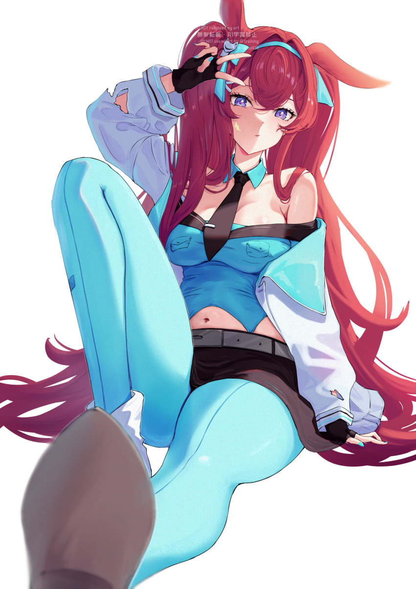 1girl animal_ears aoi_tooru aqua_nails arknights arm_up bare_shoulders black_gloves black_necktie black_skirt blue_eyes blue_pantyhose breasts closed_mouth fingerless_gloves full_body gloves hair_intakes hairband highres jacket long_hair looking_at_viewer navel necktie off_shoulder official_alternate_costume open_clothes open_jacket pantyhose purple_hair rabbit_ears ray_(arknights) ray_(dreaming_high)_(arknights) simple_background sitting skirt solo torn_clothes v very_long_hair watermark white_background