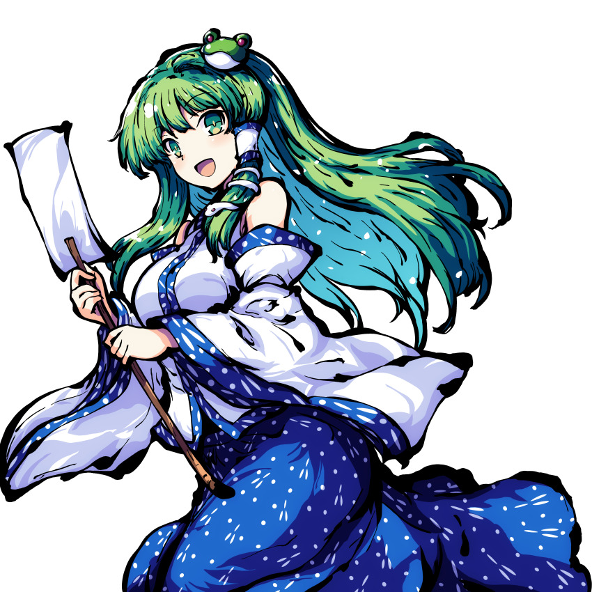 1girl absurdres bare_shoulders breasts detached_sleeves frog_hair_ornament gohei green_eyes green_hair hair_ornament hair_tubes highres holding holding_gohei kochiya_sanae large_breasts long_hair looking_at_viewer open_mouth pioartstuff simple_background skirt snake snake_hair_ornament solo tokiame_(style) touhou white_background wide_sleeves