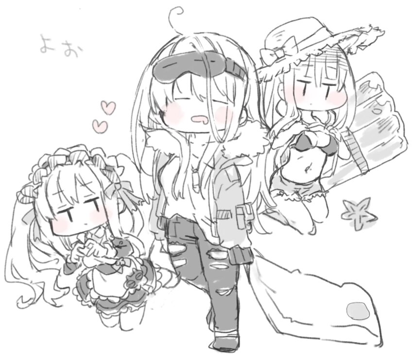 1girl alternate_costume apron bikini blush chibi closed_eyes clothes_lift denim denim_shorts dres enmaided frima_(nikke) frima_(sea_of_sloth)_(nikke) fur_collar goddess_of_victory:_nikke hat heart highres jacket kureudon maid maid_headdress multiple_views pants shirt shirt_lift shorts sleep_mask sleepy sun_hat swimsuit torn_clothes torn_pants twintails