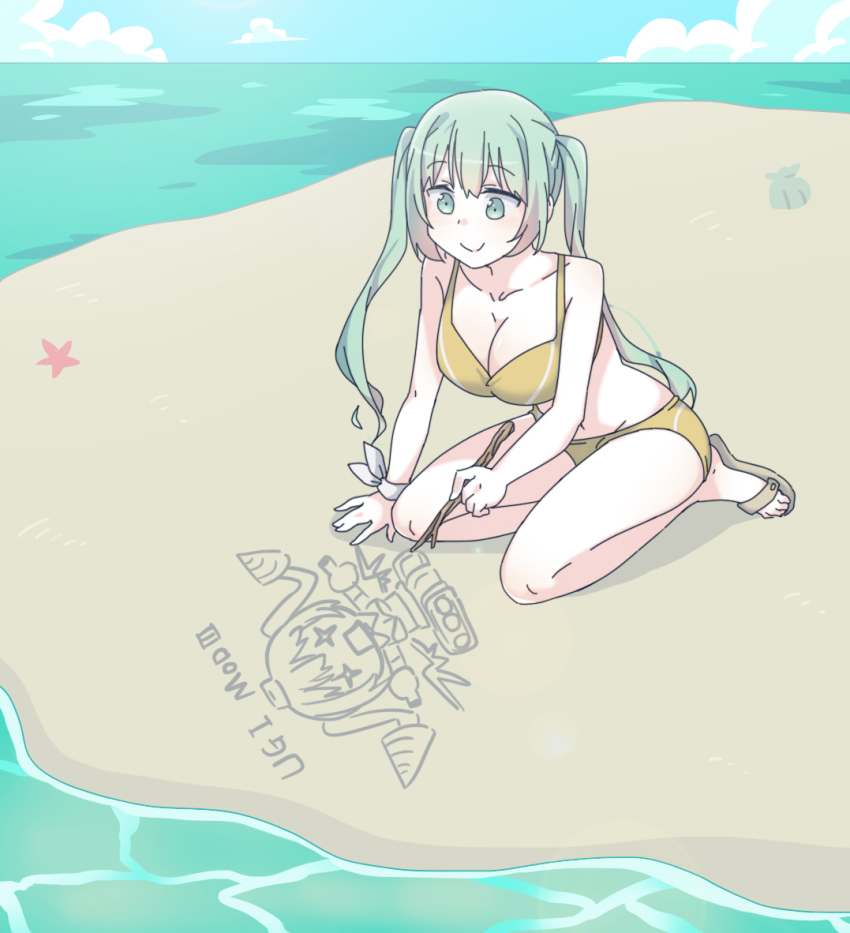 1girl bad_id bad_pixiv_id beach bikini cloud day drawing drill_hair girls&#039;_frontline green_eyes green_hair gun machine_pistol micro_uzi_(girls&#039;_frontline) military military_vehicle motor_vehicle sandals seashell shell sidarim sitting sky smile starfish stick submachine_gun swimsuit tank uzi weapon yellow_bikini